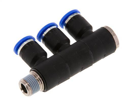 6mm x R1/8'' 3-way Manifold Messing/PA 66 Insteekfitting Buitendraad Draaibaar NBR