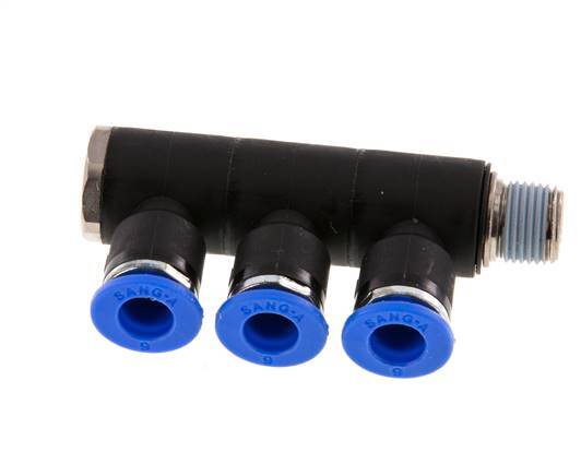 6mm x R1/8'' 3-way Manifold Messing/PA 66 Insteekfitting Buitendraad Draaibaar NBR