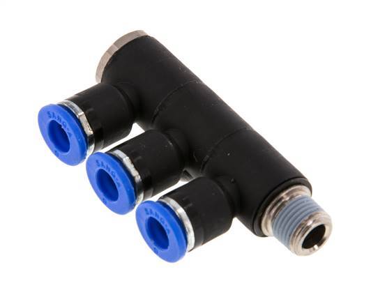 6mm x R1/8'' 3-way Manifold Messing/PA 66 Insteekfitting Buitendraad Draaibaar NBR