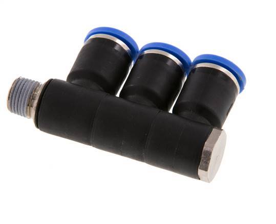 8mm x R1/8'' 3-way Manifold Messing/PA 66 Insteekfitting Buitendraad Draaibaar NBR