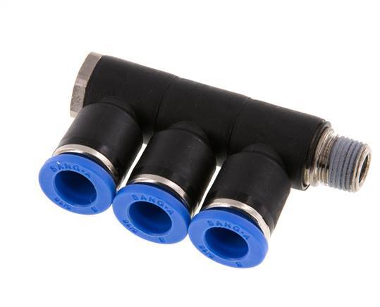 8mm x R1/8'' 3-way Manifold Messing/PA 66 Insteekfitting Buitendraad Draaibaar NBR
