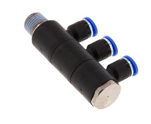6mm x R1/4'' 3-way Manifold Messing/PA 66 Insteekfitting Buitendraad Draaibaar NBR