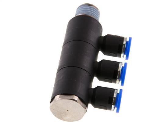 6mm x R1/4'' 3-way Manifold Messing/PA 66 Insteekfitting Buitendraad Draaibaar NBR
