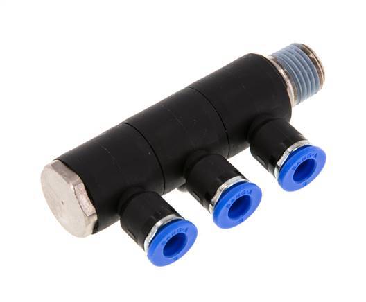 6mm x R1/4'' 3-way Manifold Messing/PA 66 Insteekfitting Buitendraad Draaibaar NBR