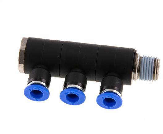6mm x R1/4'' 3-way Manifold Messing/PA 66 Insteekfitting Buitendraad Draaibaar NBR
