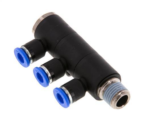 6mm x R1/4'' 3-way Manifold Messing/PA 66 Insteekfitting Buitendraad Draaibaar NBR