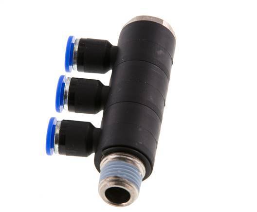 6mm x R1/4'' 3-way Manifold Messing/PA 66 Insteekfitting Buitendraad Draaibaar NBR