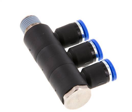 8mm x R1/4'' 3-way Manifold Messing/PA 66 Insteekfitting Buitendraad Draaibaar NBR