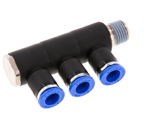 8mm x R1/4'' 3-way Manifold Messing/PA 66 Insteekfitting Buitendraad Draaibaar NBR