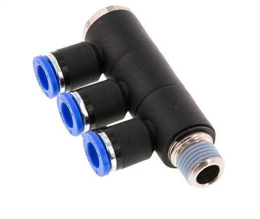 8mm x R1/4'' 3-way Manifold Messing/PA 66 Insteekfitting Buitendraad Draaibaar NBR