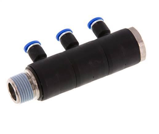 4mm x R3/8'' 3-way Manifold Messing/PA 66 Insteekfitting Buitendraad Draaibaar NBR