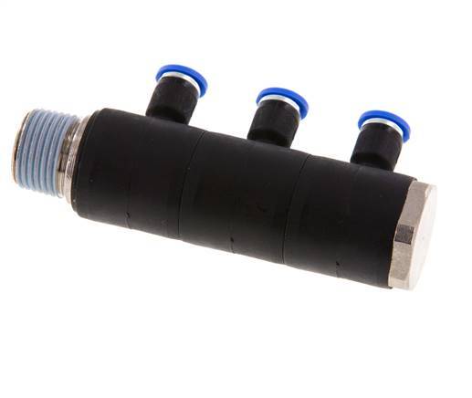 4mm x R3/8'' 3-way Manifold Messing/PA 66 Insteekfitting Buitendraad Draaibaar NBR