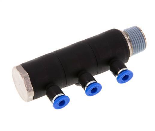 4mm x R3/8'' 3-way Manifold Messing/PA 66 Insteekfitting Buitendraad Draaibaar NBR