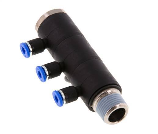4mm x R3/8'' 3-way Manifold Messing/PA 66 Insteekfitting Buitendraad Draaibaar NBR