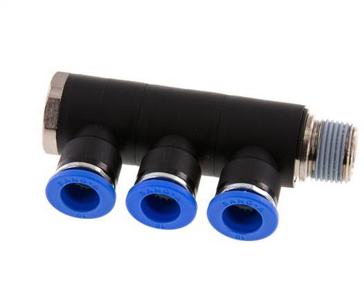 10mm x R3/8'' 3-way Manifold Messing/PA 66 Insteekfitting Buitendraad Draaibaar NBR