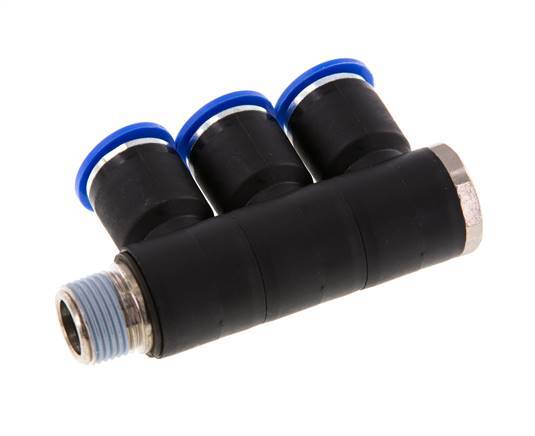 12mm x R3/8'' 3-way Manifold Messing/PA 66 Insteekfitting Buitendraad Draaibaar NBR