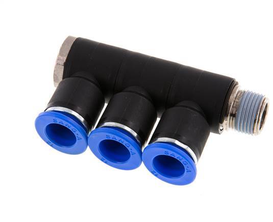 12mm x R3/8'' 3-way Manifold Messing/PA 66 Insteekfitting Buitendraad Draaibaar NBR