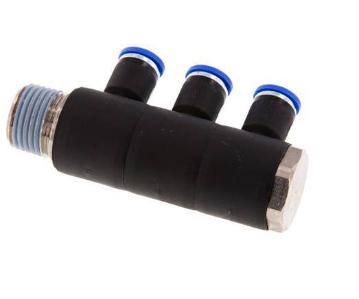 8mm x R1/2'' 3-way Manifold Messing/PA 66 Insteekfitting Buitendraad Draaibaar NBR