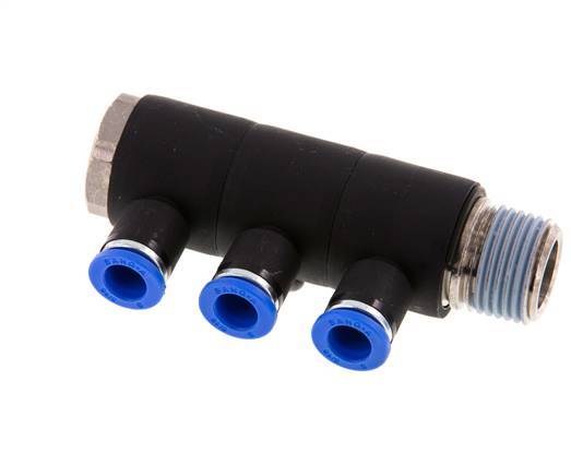 8mm x R1/2'' 3-way Manifold Messing/PA 66 Insteekfitting Buitendraad Draaibaar NBR