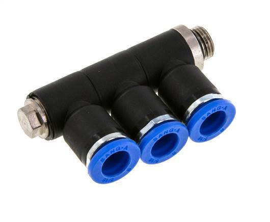 8mm x G1/8'' 3-way Manifold Messing/PA 66 Insteekfitting Buitendraad Draaibaar NBR