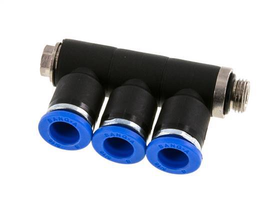 8mm x G1/8'' 3-way Manifold Messing/PA 66 Insteekfitting Buitendraad Draaibaar NBR
