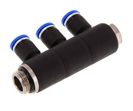 8mm x G3/8'' 3-way Manifold Messing/PA 66 Insteekfitting Buitendraad Draaibaar NBR