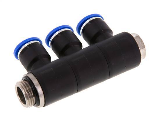 10mm x G3/8'' 3-way Manifold Messing/PA 66 Insteekfitting Buitendraad Draaibaar NBR