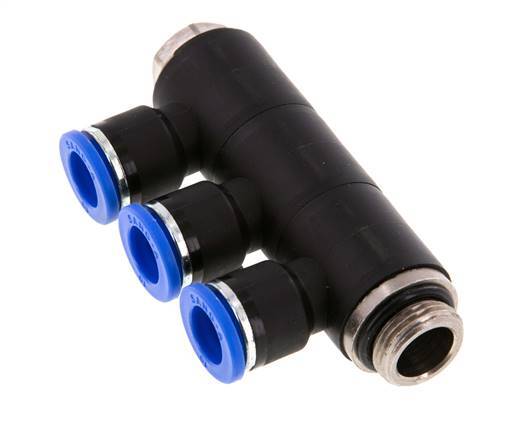10mm x G3/8'' 3-way Manifold Messing/PA 66 Insteekfitting Buitendraad Draaibaar NBR