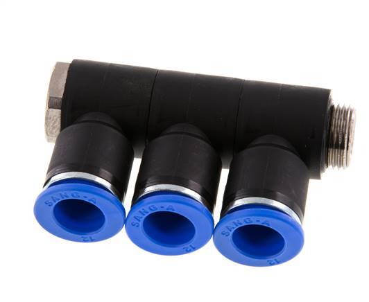 12mm x G3/8'' 3-way Manifold Messing/PA 66 Insteekfitting Buitendraad Draaibaar NBR