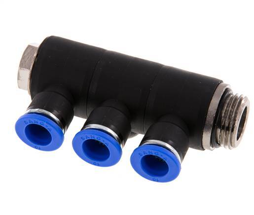 10mm x G1/2'' 3-way Manifold Messing/PA 66 Insteekfitting Buitendraad Draaibaar NBR
