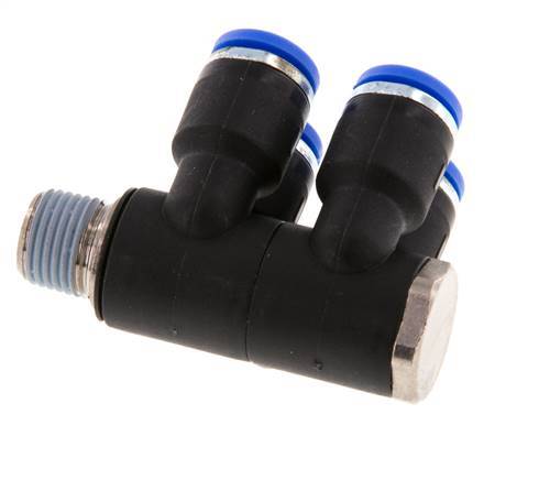 6mm x R1/8'' 4-way Manifold Messing/PA 66 Insteekfitting Buitendraad Draaibaar NBR