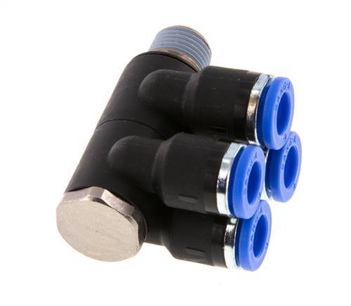 6mm x R1/8'' 4-way Manifold Messing/PA 66 Insteekfitting Buitendraad Draaibaar NBR
