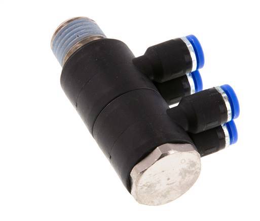 4mm x R1/4'' 4-way Manifold Messing/PA 66 Insteekfitting Buitendraad Draaibaar NBR