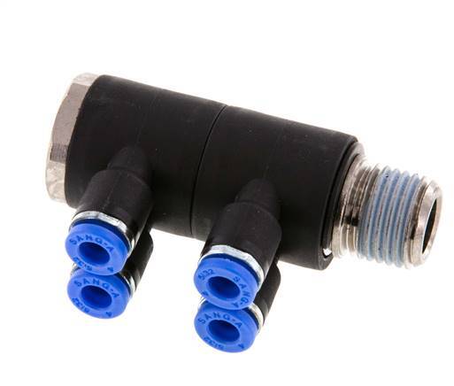 4mm x R1/4'' 4-way Manifold Messing/PA 66 Insteekfitting Buitendraad Draaibaar NBR