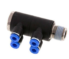 4mm x R1/4'' 4-way Manifold Messing/PA 66 Insteekfitting Buitendraad Draaibaar NBR