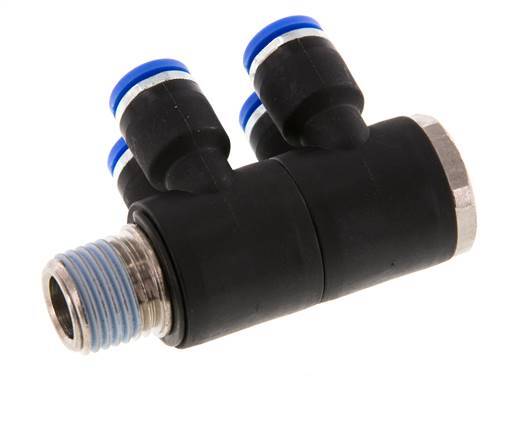 6mm x R1/4'' 4-way Manifold Messing/PA 66 Insteekfitting Buitendraad Draaibaar NBR