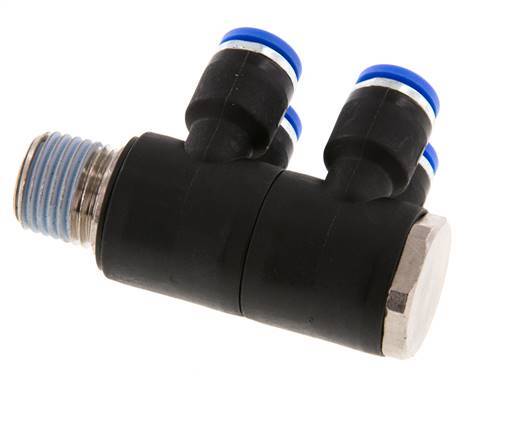 6mm x R1/4'' 4-way Manifold Messing/PA 66 Insteekfitting Buitendraad Draaibaar NBR
