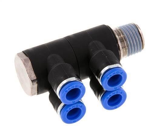 6mm x R1/4'' 4-way Manifold Messing/PA 66 Insteekfitting Buitendraad Draaibaar NBR
