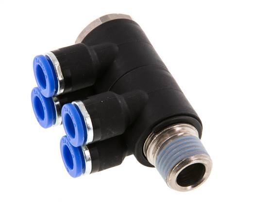 6mm x R1/4'' 4-way Manifold Messing/PA 66 Insteekfitting Buitendraad Draaibaar NBR