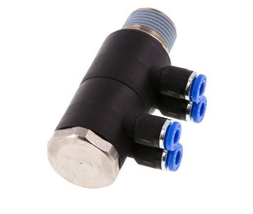 4mm x R3/8'' 4-way Manifold Messing/PA 66 Insteekfitting Buitendraad Draaibaar NBR