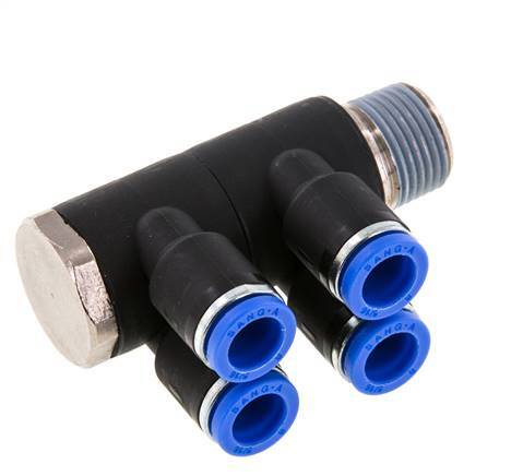 8mm x R3/8'' 4-way Manifold Messing/PA 66 Insteekfitting Buitendraad Draaibaar NBR