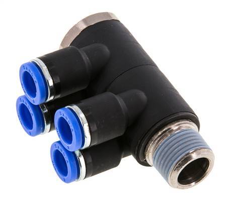 8mm x R3/8'' 4-way Manifold Messing/PA 66 Insteekfitting Buitendraad Draaibaar NBR