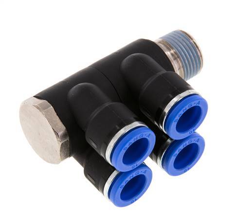 10mm x R3/8'' 4-way Manifold Messing/PA 66 Insteekfitting Buitendraad Draaibaar NBR