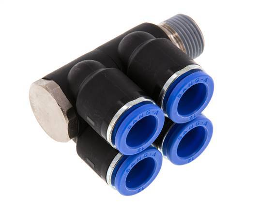 12mm x R3/8'' 4-way Manifold Messing/PA 66 Insteekfitting Buitendraad Draaibaar NBR