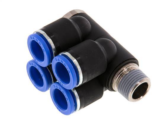 12mm x R3/8'' 4-way Manifold Messing/PA 66 Insteekfitting Buitendraad Draaibaar NBR