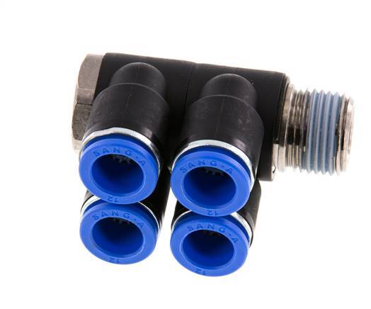 12mm x R1/2'' 4-way Manifold Messing/PA 66 Insteekfitting Buitendraad Draaibaar NBR