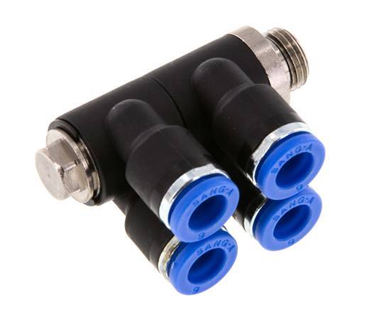 6mm x G1/8'' 4-way Manifold Messing/PA 66 Insteekfitting Buitendraad Draaibaar NBR
