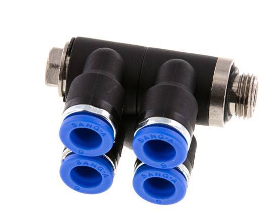 6mm x G1/8'' 4-way Manifold Messing/PA 66 Insteekfitting Buitendraad Draaibaar NBR