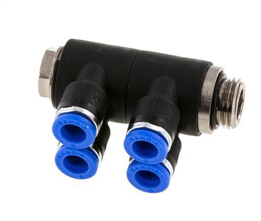 6mm x G1/4'' 4-way Manifold Messing/PA 66 Insteekfitting Buitendraad Draaibaar NBR