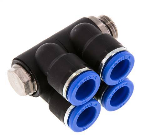 10mm x G1/4'' 4-way Manifold Messing/PA 66 Insteekfitting Buitendraad Draaibaar NBR